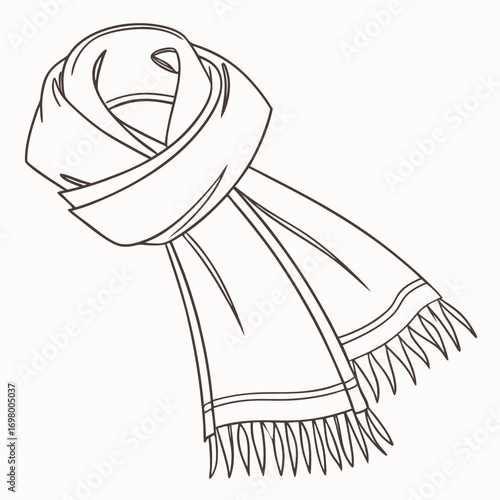 Simple line drawing of a warm winter scarf elegantly draped and tied with fringed ends