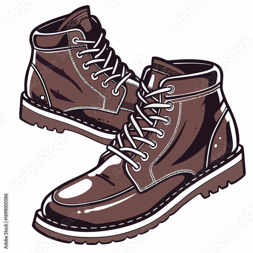 Stylish brown leather lace up work boots with white laces and stitching on a white background