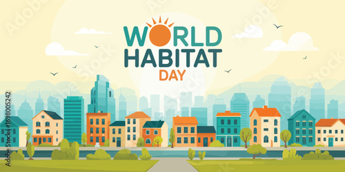 world habitat day illustration with sun-shaped globe, cityscape, mountains, and green spaces promoting sustainable urban living
