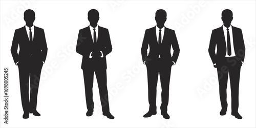 Four businessmen in suits standing with hands in pockets and clasped against a white background silhouette