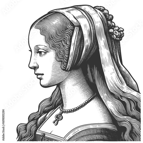 16th century noblewoman in profile, decorative gown, veil, and necklace with elegant detail sketch engraving generative ai fictional character vector illustration. Scratch board. Black and white.