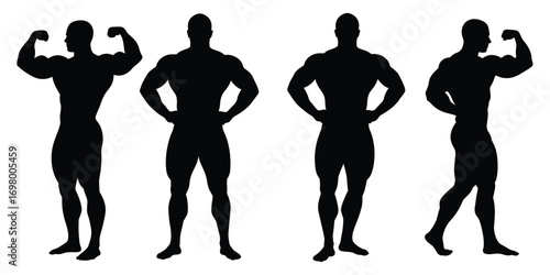 Four Male Bodybuilder Silhouettes Flexing Muscles Posing On White Background bodybuilding