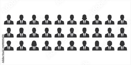 Grid of business person icons in silhouette against a white background people