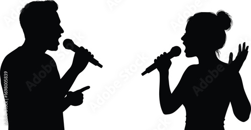Male And Female Singers Silhouettes Singing Into Microphones On White Background music performance