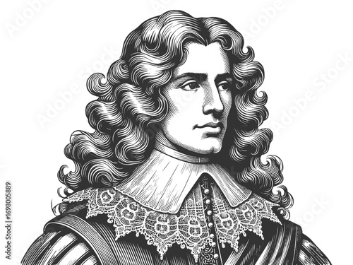 aristocratic man with long curly hair, lace collar, and elegant clothing from historical era sketch engraving generative ai fictional character vector illustration. Scratch board. Black and white.