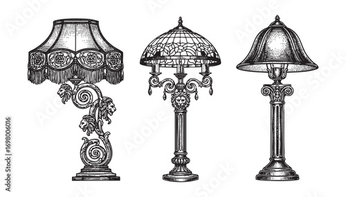 Ornate Floor Lamp set engraving vector illustration
