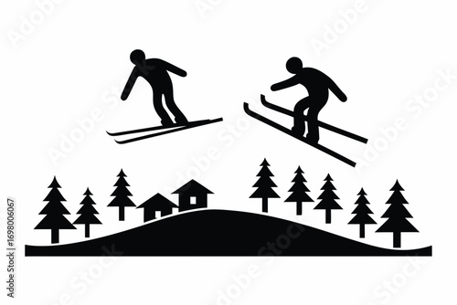 Professional skier jumping on snowy hill, ski resort with pine trees, active winter sports vector illustration