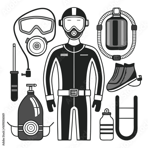 Scuba diving equipment illustration: mask, tank, suit, boots, and accessories.