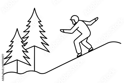 Professional skier jumping on snowy hill, ski resort with pine trees, active winter sports vector illustration