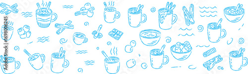 Hand Drawn Vintage Winter Hot Drink Bar Illustration with Mugs Cinnamon Marshmallows Chocolate Spoons