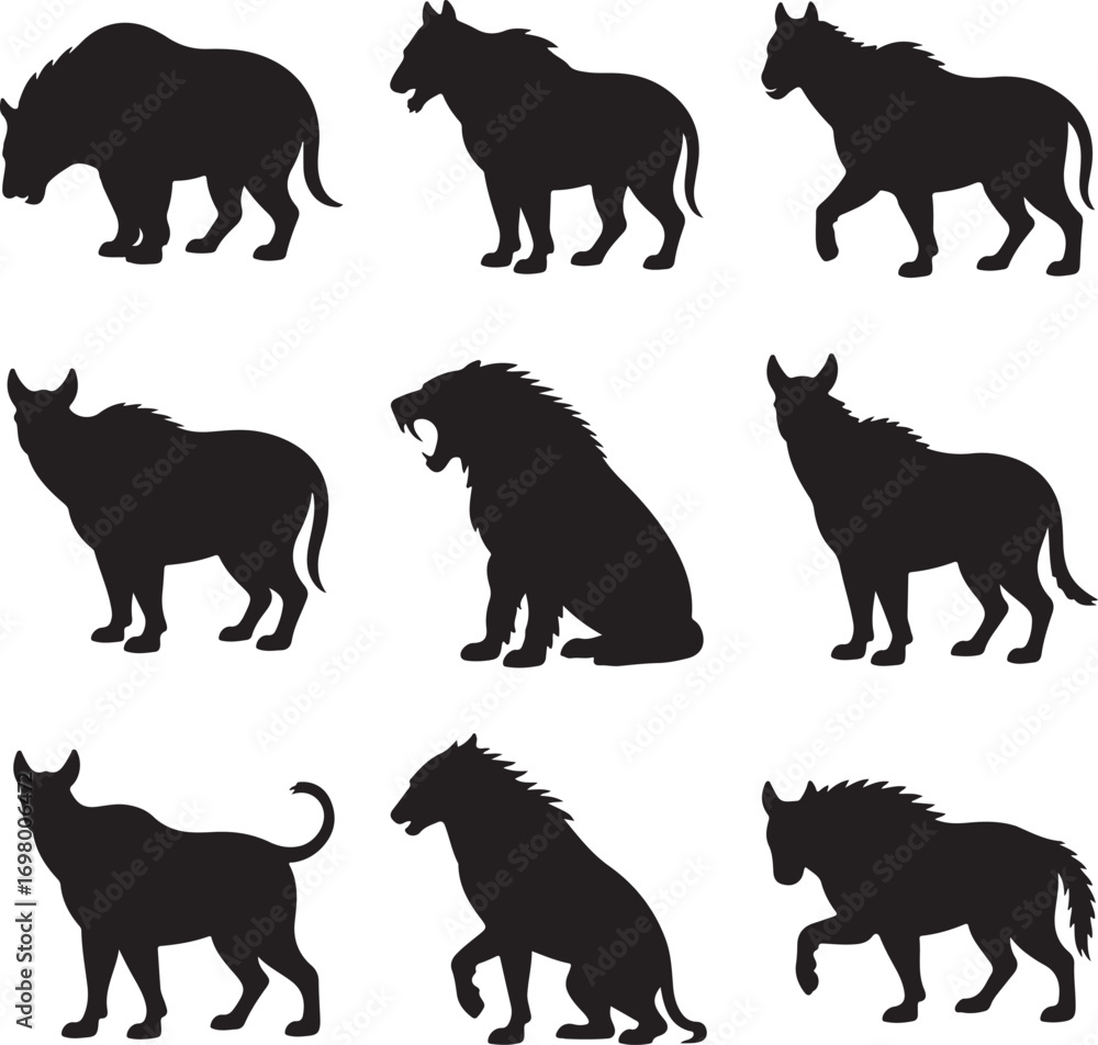 Obraz premium Set of nine black silhouettes of large wild animals on a white background lion roaring