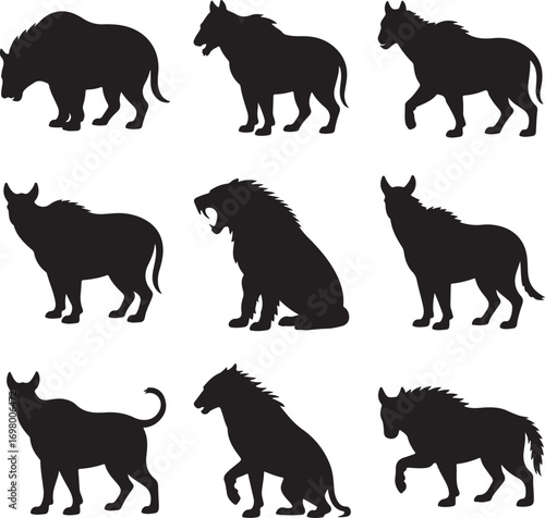 Set of nine black silhouettes of large wild animals on a white background lion roaring