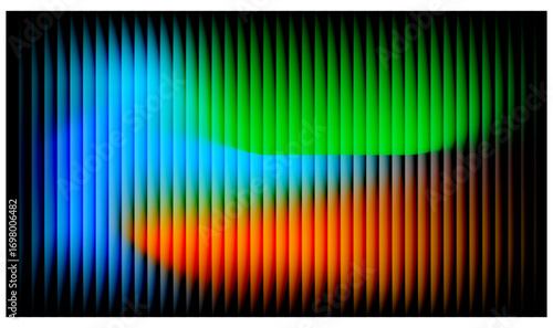 Shimmering Iridescent Ripple, Vertical Ribbed Glass Texture, Blue Amber Violet Gradient, Futuristic Translucent Waves, Holographic Distortion Glow, Modern Digital Abstract Design