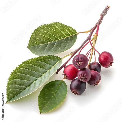 Amelanchier Ovalis Wild Serviceberry Stunning Clusters of Deep Violet-Blue Glossy Berries with Fresh Natural Shine and Wild Organic Forest Essence on Crisp White Background Minimal Still Life