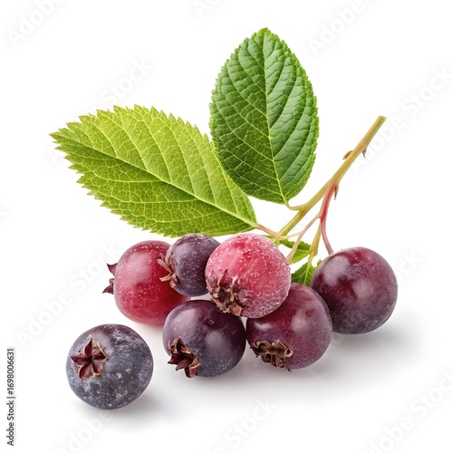 Amelanchier Spicata Wild Serviceberry Elegant Clusters of Glossy Deep Purple-Blue Berries with Fresh Forest Harvest Essence on Bright White Background Minimal Organic Still Life Composition