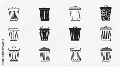 Set of Black and White Trash Bin Icons