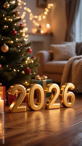Golden “2026” beside a decorated Christmas tree with lights, ornaments, and gifts, creating a warm, cozy, and festive atmosphere for New Year and holiday celebrations.
