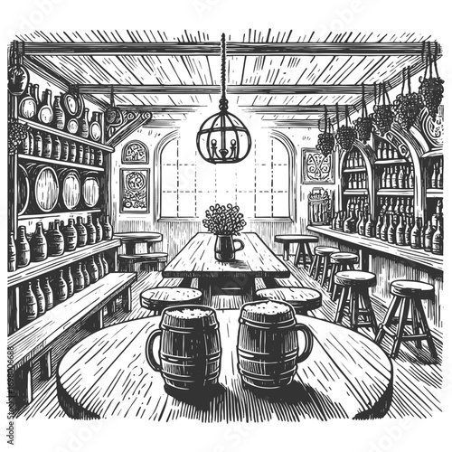 old tavern with wooden tables, stools, and frothy beer mugs, capturing a rustic and medieval pub atmosphere sketch engraving generative ai vector illustration. Scratch board. Black and white image.