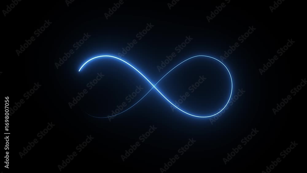 Glowing blue neon infinity symbol animation on black background, seamless loop clipart footage for modern design