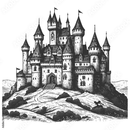 grand medieval castle on a hill with high towers, gates, cottages, and surrounding landscape sketch engraving generative ai vector illustration. Scratch board imitation. Black and white image.