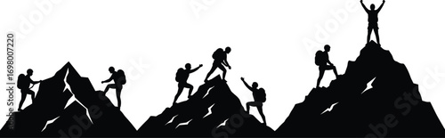 Silhouettes of hikers climbing mountains and reaching the summit in triumph Keywords: hikers, silhouette, climbing, mountains