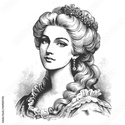 refined woman with elaborate hairstyle, floral adornments, and jewelry, classical elegance sketch engraving generative ai fictional character vector illustration. Scratch board. Black and white image.