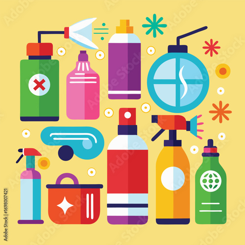 A colorful flat design illustration of various cleaning product bottles and spray containers.