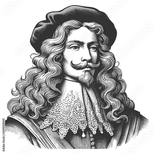 aristocratic man with long curly hair, lace collar, and elegant clothing from historical era sketch engraving generative ai fictional character vector illustration. Scratch board. Black and white.