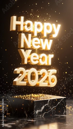 Bold golden “Happy New Year 2026” on a dark background with sparkling confetti, creating a luxurious and festive atmosphere perfect for seasonal greetings and celebrations.