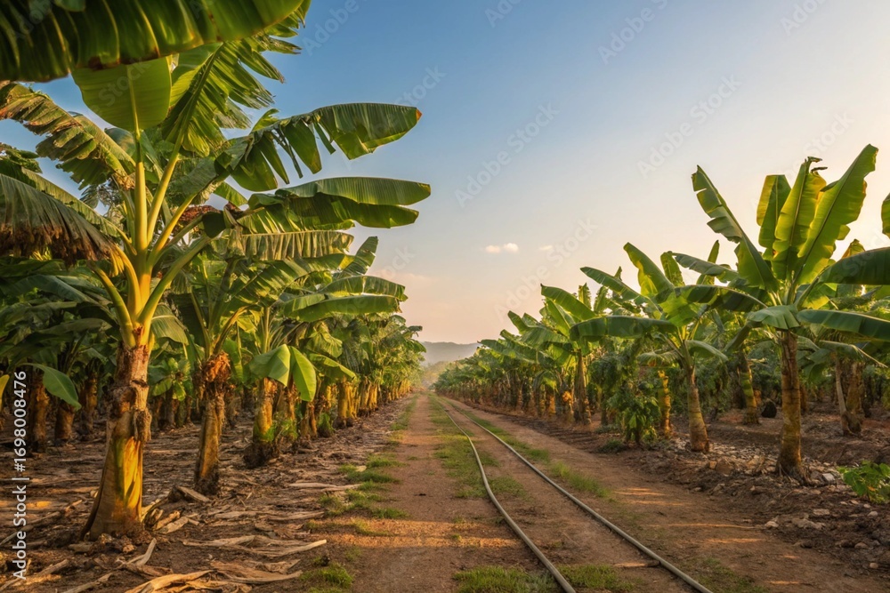 Obraz premium Banana plantation with tropical trees at sunset