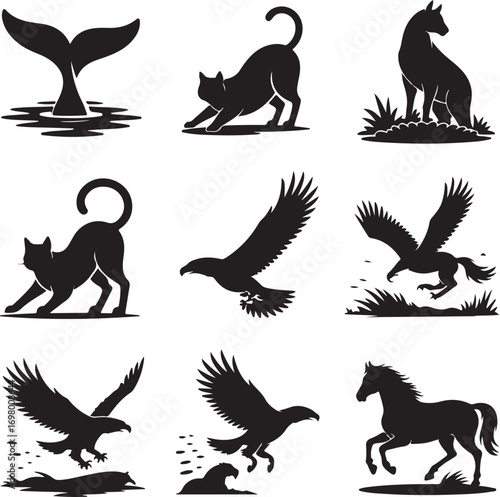 Nine black animal silhouettes including whale, cats, eagles, and horses on white whale tail