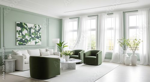 Serene and Minimalist Living Room with Sage Green Walls


