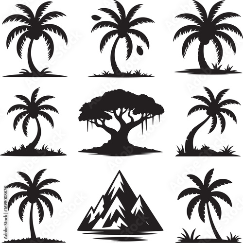 Collection of nine black silhouettes of tropical trees and mountains on white palm tree