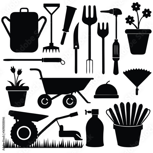 Black silhouettes of gardening tools and equipment for landscaping and yard work