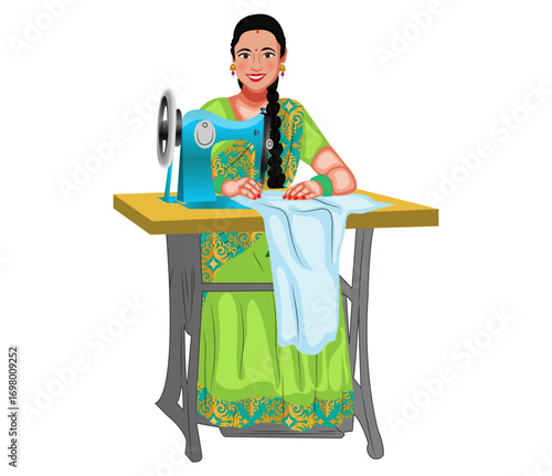 Indian Female Tailor Cartoon Character Vector Illustration