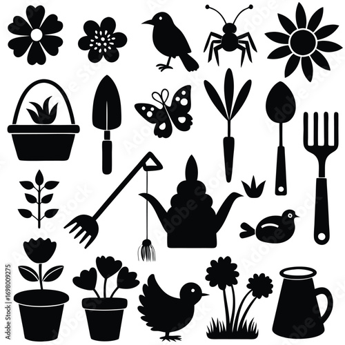 Black silhouettes of gardening tools and nature elements