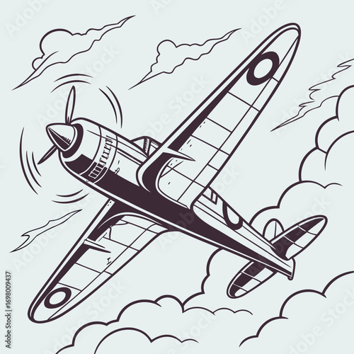 Vintage fighter plane flying through clouds in retro style