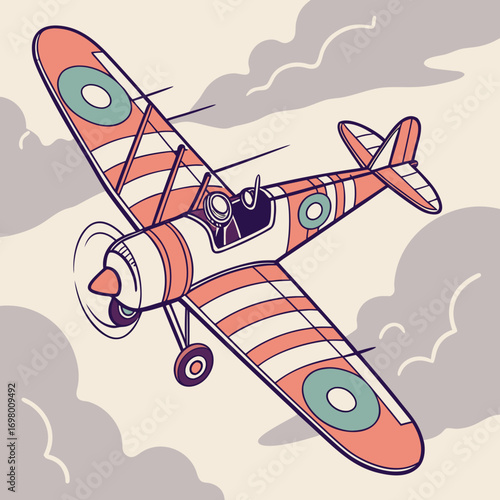 Vintage airplane flying through clouds in a stylized illustration