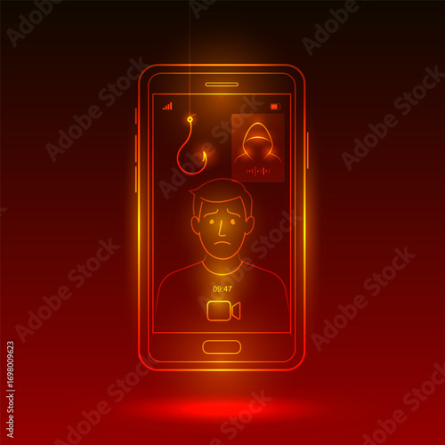 Scammer Video Call Victim Vector Illustration on Smartphone with Scam, Phishing and Fraud Alert