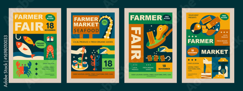 Farmers Market Flyer Templates. Geometric Mosaic Meat and Fish Posters
