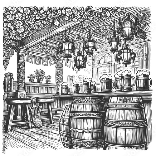 old tavern interior featuring wooden barrels, bottles, rustic tables, lanterns, and decorative windows sketch engraving generative ai vector illustration. Scratch board imitation. Black and white.