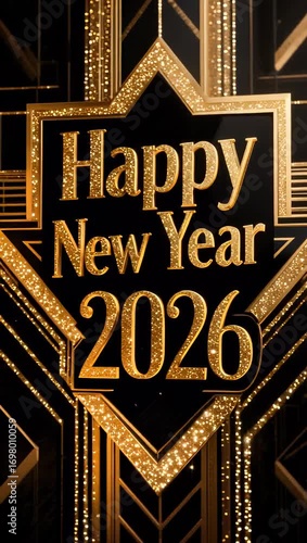 Glittering golden “Happy New Year 2026” with geometric patterns on a black background, creating an elegant and festive design perfect for seasonal greetings and celebrations.
