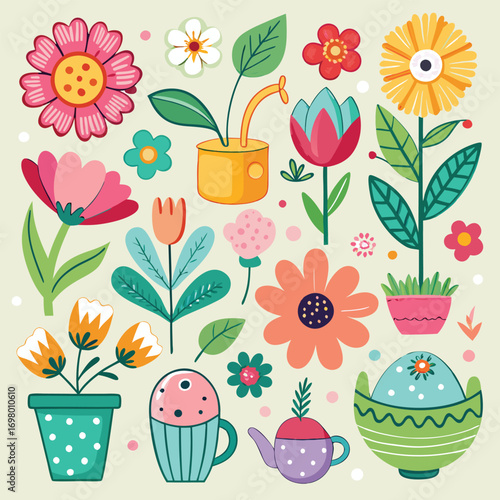 Vibrant floral collection with potted plants and garden tools