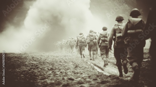 World War soldiers marching into battle amidst smoke in a historical setting