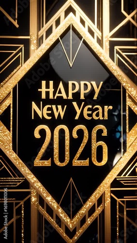 Glittering golden “Happy New Year 2026” with geometric patterns on a black background, creating an elegant and festive design perfect for seasonal greetings and celebrations.