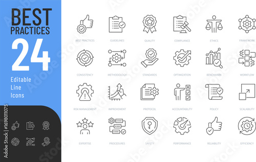 Best Practices line Editable Icons set. Vector illustration in modern thin line style of business related icons: policy, workflow, guidelines, and more. Isolated on transparent background.