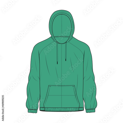 Seafoam Green Hooded Sweatshirt Technical Fashion Flat Sketch: Minimalist Apparel Design Template