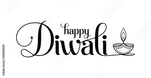 happy diwali greeting with decorative cursive text, flame accent, and traditional diya illustration celebrating festival of lights