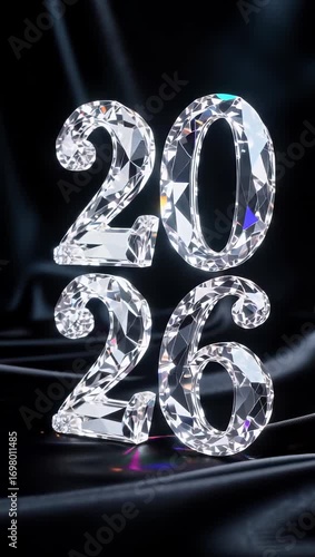 Shiny diamond-textured “2026” encircled by a vibrant multicolor light ring on a dark, wavy background, creating a luxurious and futuristic festive atmosphere.