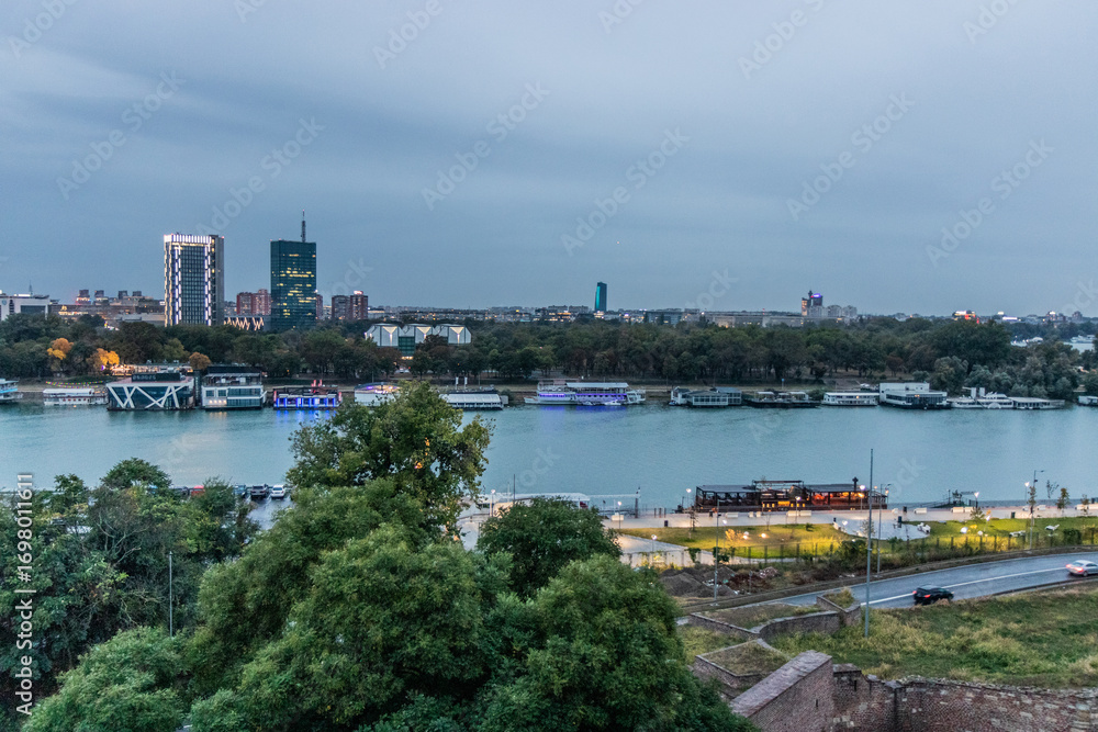 Fototapeta premium View of Novi Beograd (New Belgrade) neighborhood over Sava river in Belgrade, Serbia
